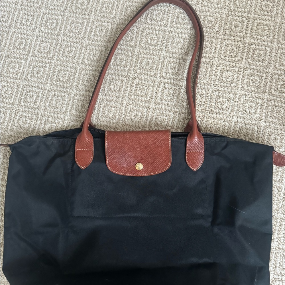 Black Longchamps LaPliage Zipper tote shoulder handbag